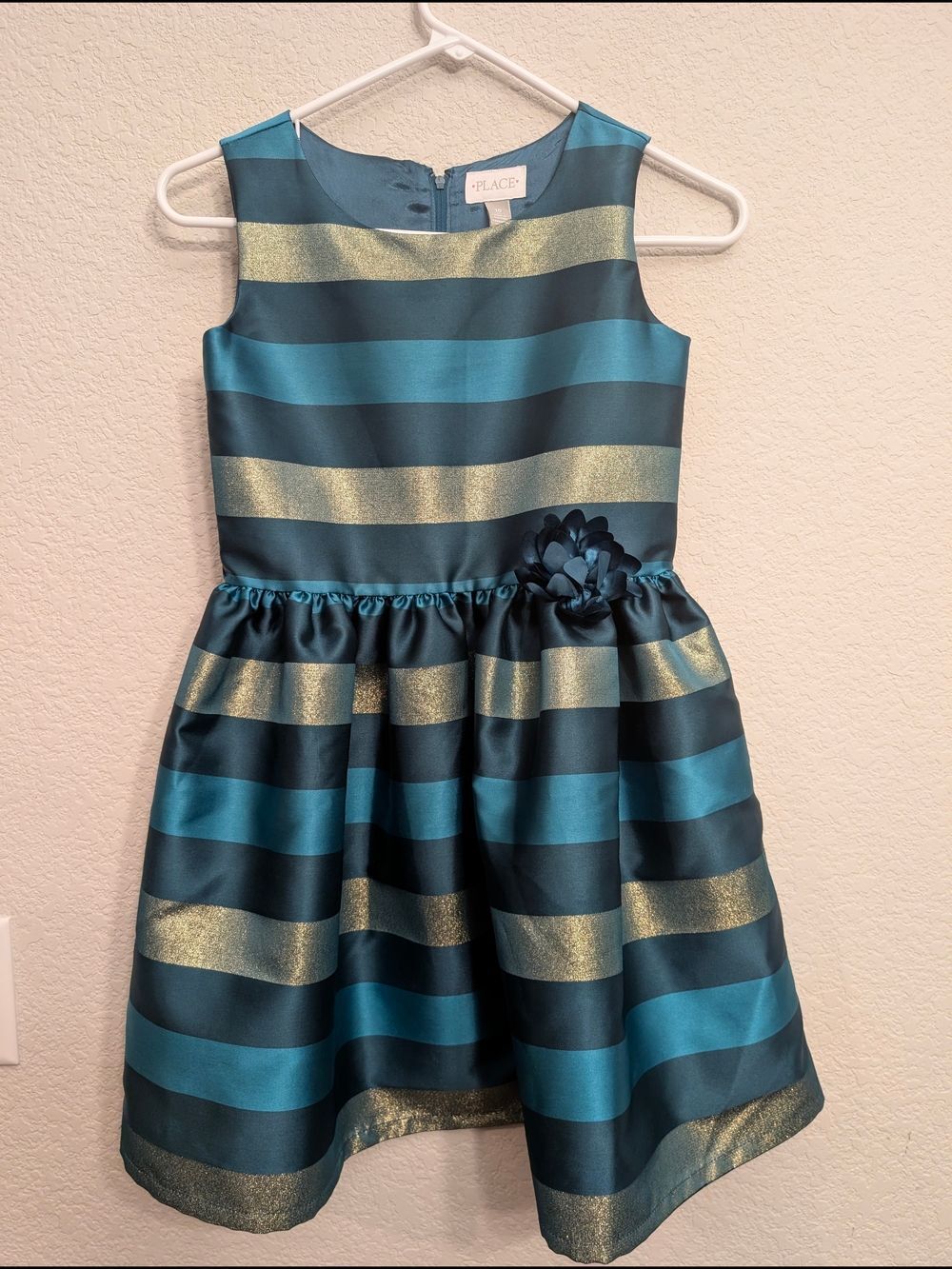 Place Girl's Sz 10 Teal and Gold Striped Satin Party Formal  Dress Flower Accent